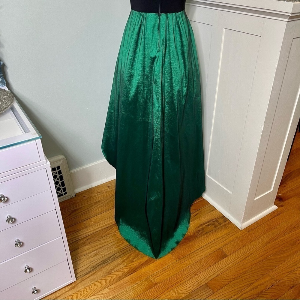 Betsy & Adam V Neck High Low Maxi Prom Dress Formal Gown Emerald Green Black 10 - Picture 8 of 10